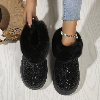 Comfortable Slippers for Women with Sequin Sparkle Upper Faux Fur Lining Platform Slip On Style