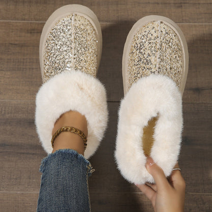 Comfortable Slippers for Women with Sequin Sparkle Upper Faux Fur Lining Platform Slip On Style