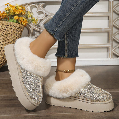 Comfortable Slippers for Women with Sequin Sparkle Upper Faux Fur Lining Platform Slip On Style