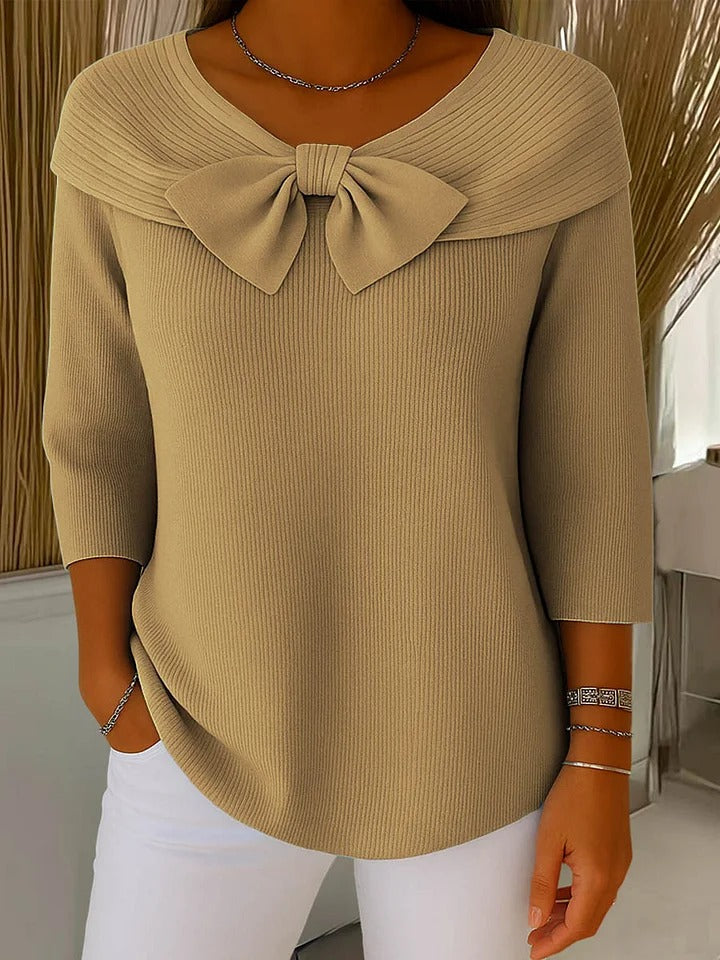 Elegant Bow Detail Sweater for Women with V Neck Elbow Sleeve Ribbed Knit Relaxed Style
