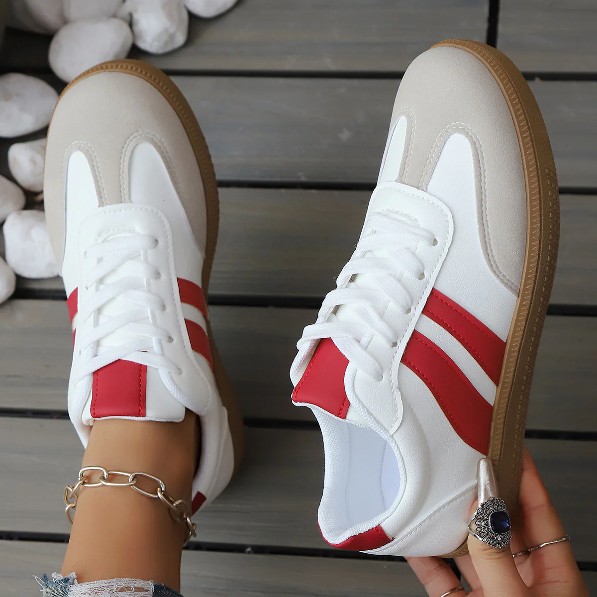 Comfortable Trainers for Women with Contrast Side Stripe Gum Sole Lace Up Retro Sneaker Style