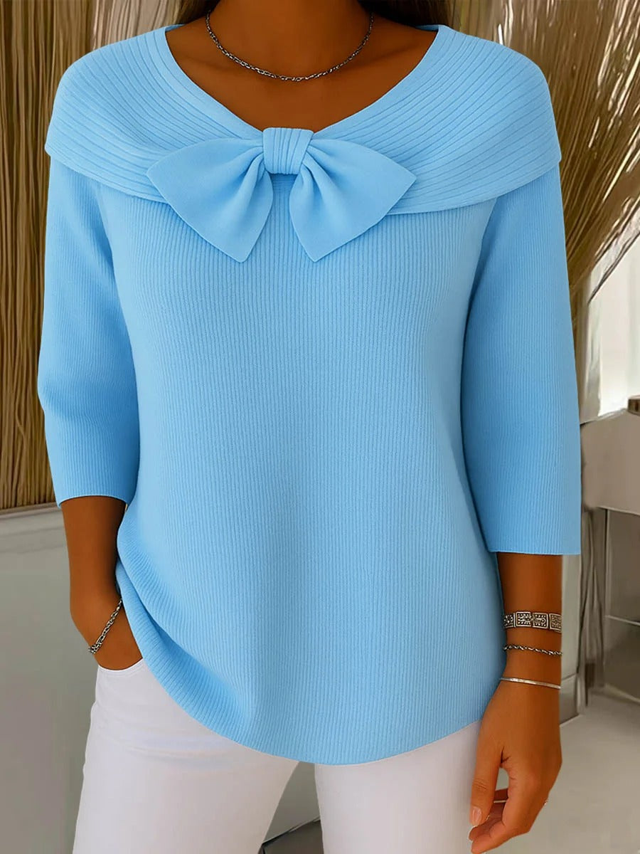 Elegant Bow Detail Sweater for Women with V Neck Elbow Sleeve Ribbed Knit Relaxed Style
