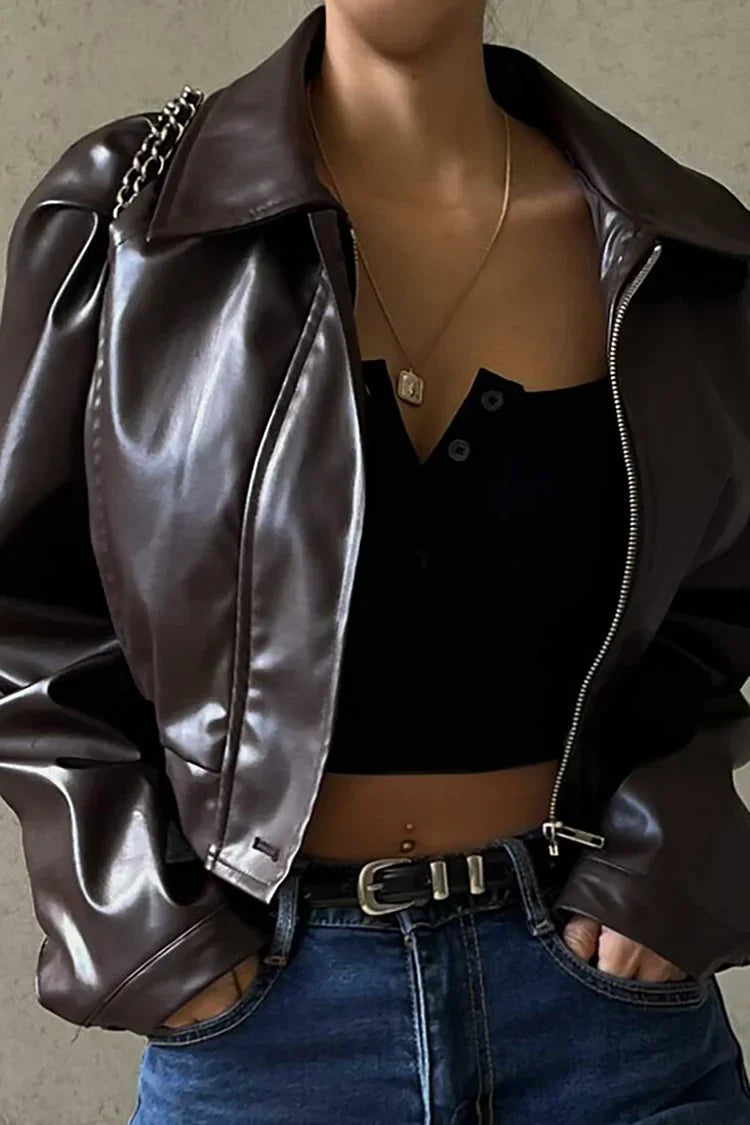 Effortless Brown Leather Cropped Jacket for Women with Collar Long Sleeve Zip Front Biker Style