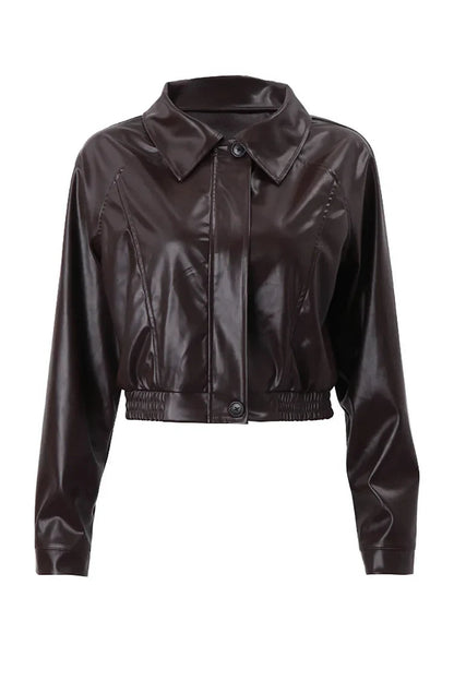 Effortless Brown Leather Cropped Jacket for Women with Collar Long Sleeve Zip Front Biker Style