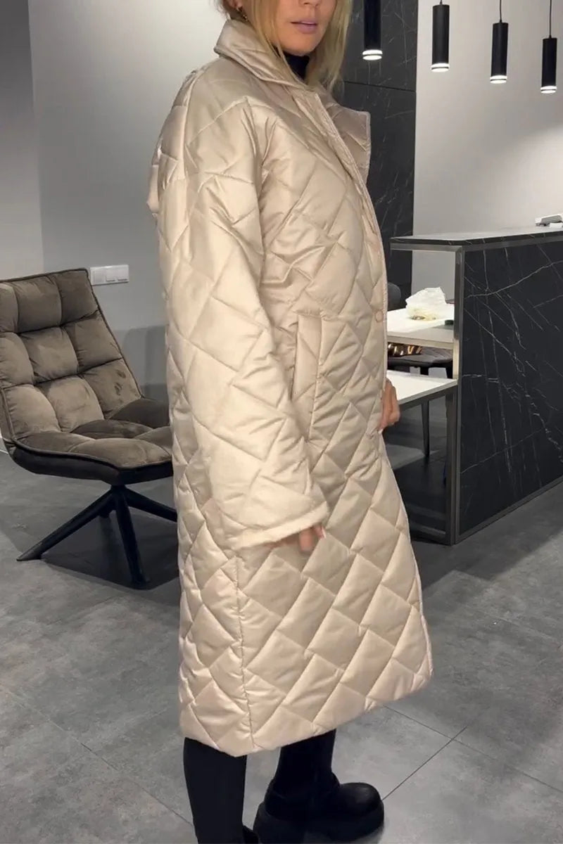 Effortless Quilted Puffer Coat for Women with Notch Lapel Long Sleeve Leopard Trim Oversized Style