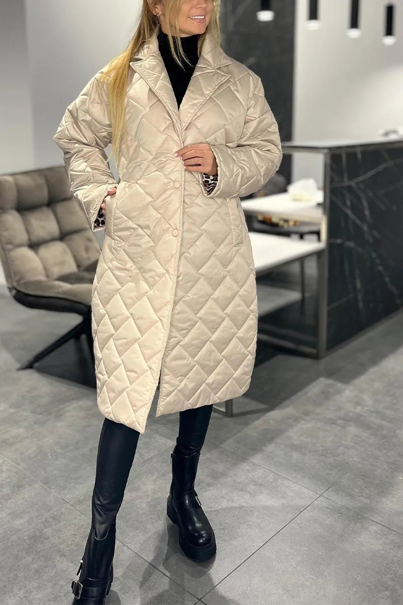 Effortless Quilted Puffer Coat for Women with Notch Lapel Long Sleeve Leopard Trim Oversized Style