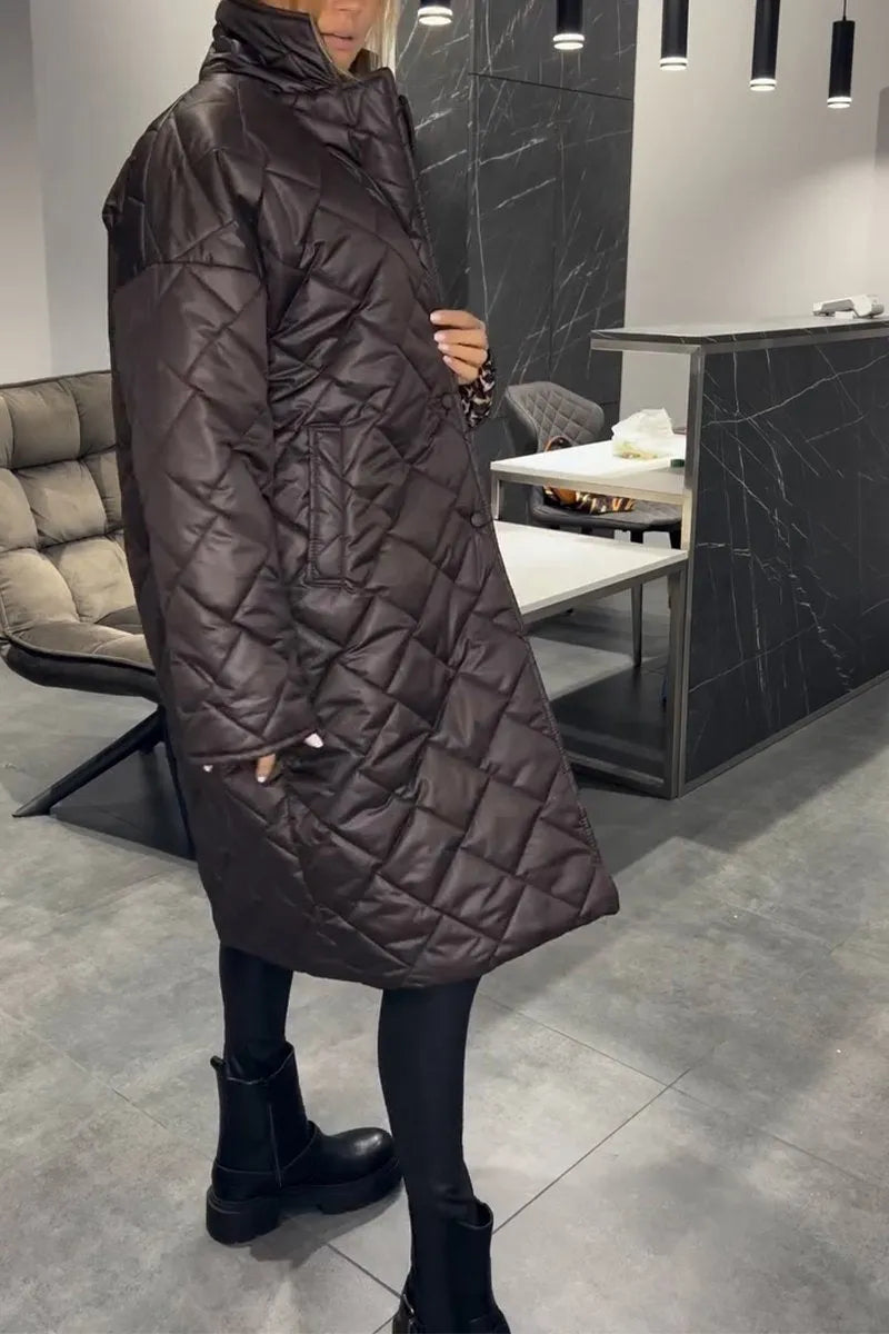 Effortless Quilted Puffer Coat for Women with Notch Lapel Long Sleeve Leopard Trim Oversized Style
