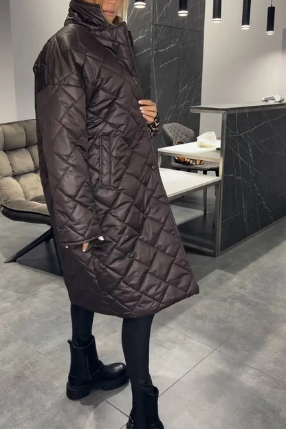 Effortless Quilted Puffer Coat for Women with Notch Lapel Long Sleeve Leopard Trim Oversized Style