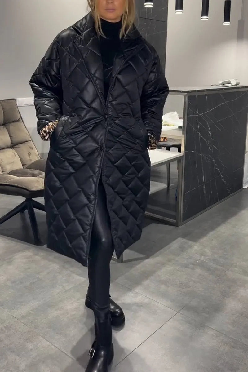 Effortless Quilted Puffer Coat for Women with Notch Lapel Long Sleeve Leopard Trim Oversized Style