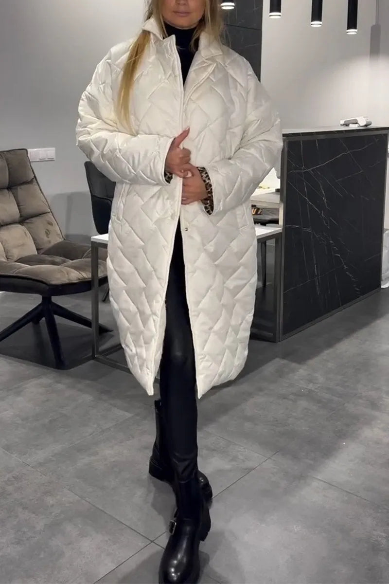 Effortless Quilted Puffer Coat for Women with Notch Lapel Long Sleeve Leopard Trim Oversized Style