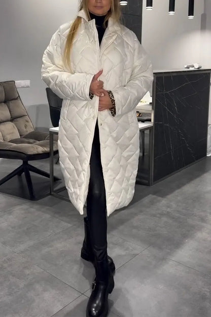 Effortless Quilted Puffer Coat for Women with Notch Lapel Long Sleeve Leopard Trim Oversized Style