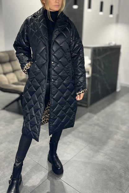 Effortless Quilted Puffer Coat for Women with Notch Lapel Long Sleeve Leopard Trim Oversized Style