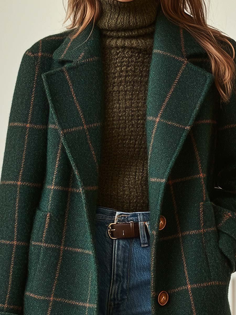 Elegant Dark Green Plaid Wool Coat for Women with Notched Lapel Long Sleeve Button Front Relaxed Style