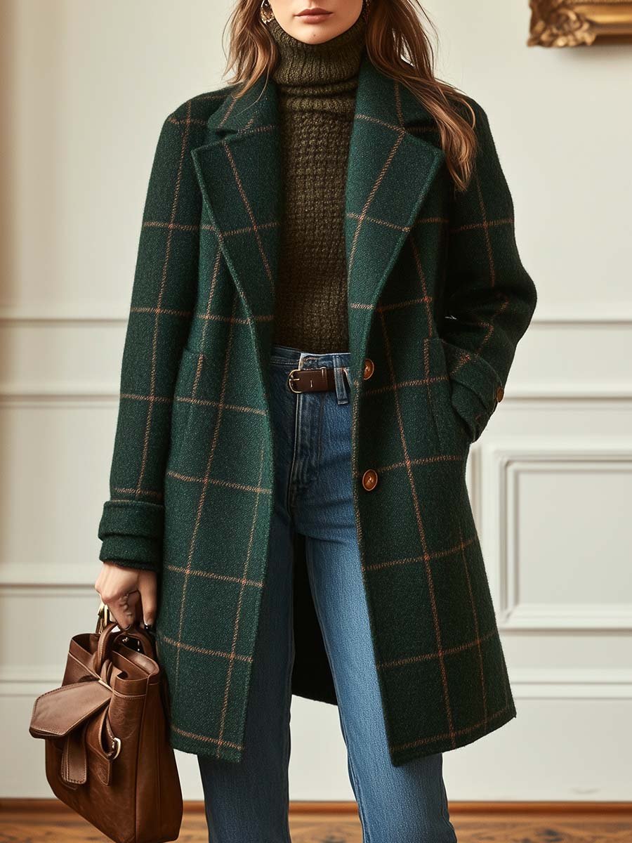 Elegant Dark Green Plaid Wool Coat for Women with Notched Lapel Long Sleeve Button Front Relaxed Style
