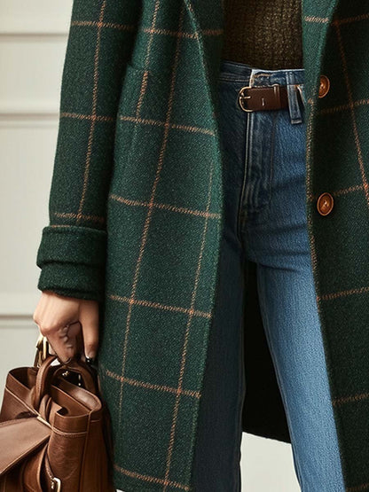Elegant Dark Green Plaid Wool Coat for Women with Notched Lapel Long Sleeve Button Front Relaxed Style