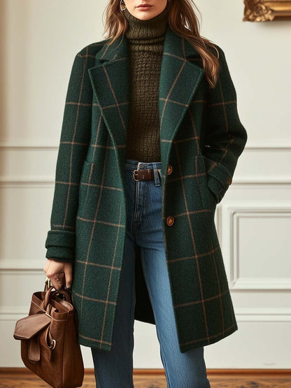Elegant Plaid Wool Coat for Women with Notch Lapel Long Sleeve Button Front Relaxed Style