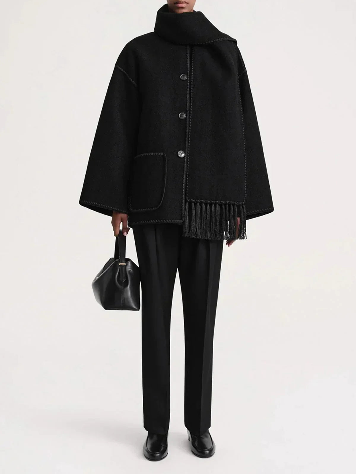 Elegant Fringe Trim Wool Cape Jacket for Women with High Collar Long Sleeve Oversized Style