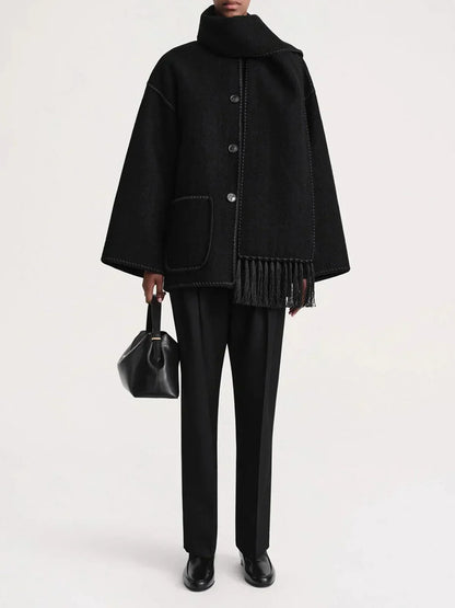 Elegant Fringe Trim Wool Cape Jacket for Women with High Collar Long Sleeve Oversized Style