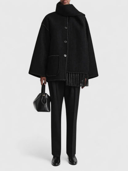 Elegant Fringe Trim Wool Cape Jacket for Women with High Collar Long Sleeve Oversized Style