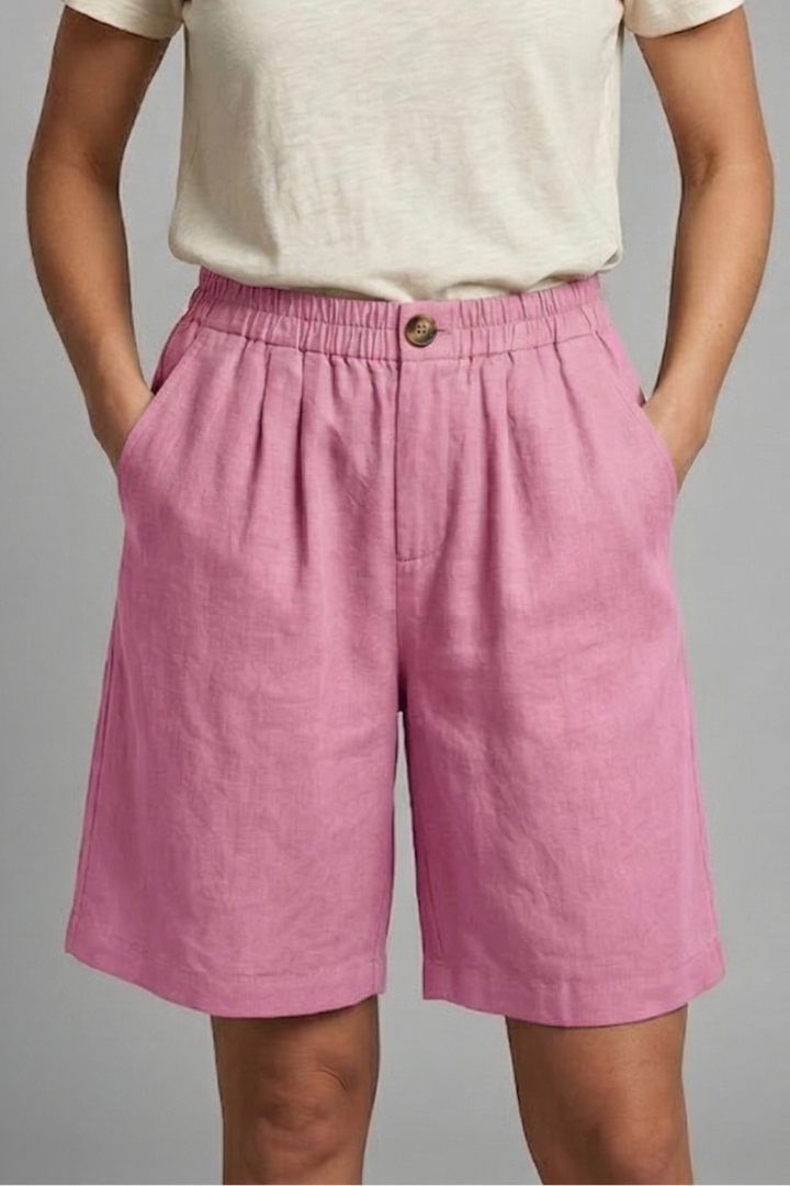 Effortless Linen Bermuda Shorts for Women with High Waist Button Front Relaxed Casual Style