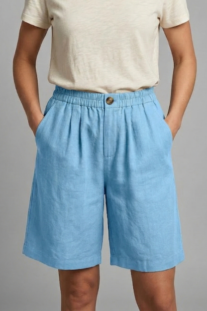Effortless Linen Bermuda Shorts for Women with High Waist Button Front Relaxed Casual Style