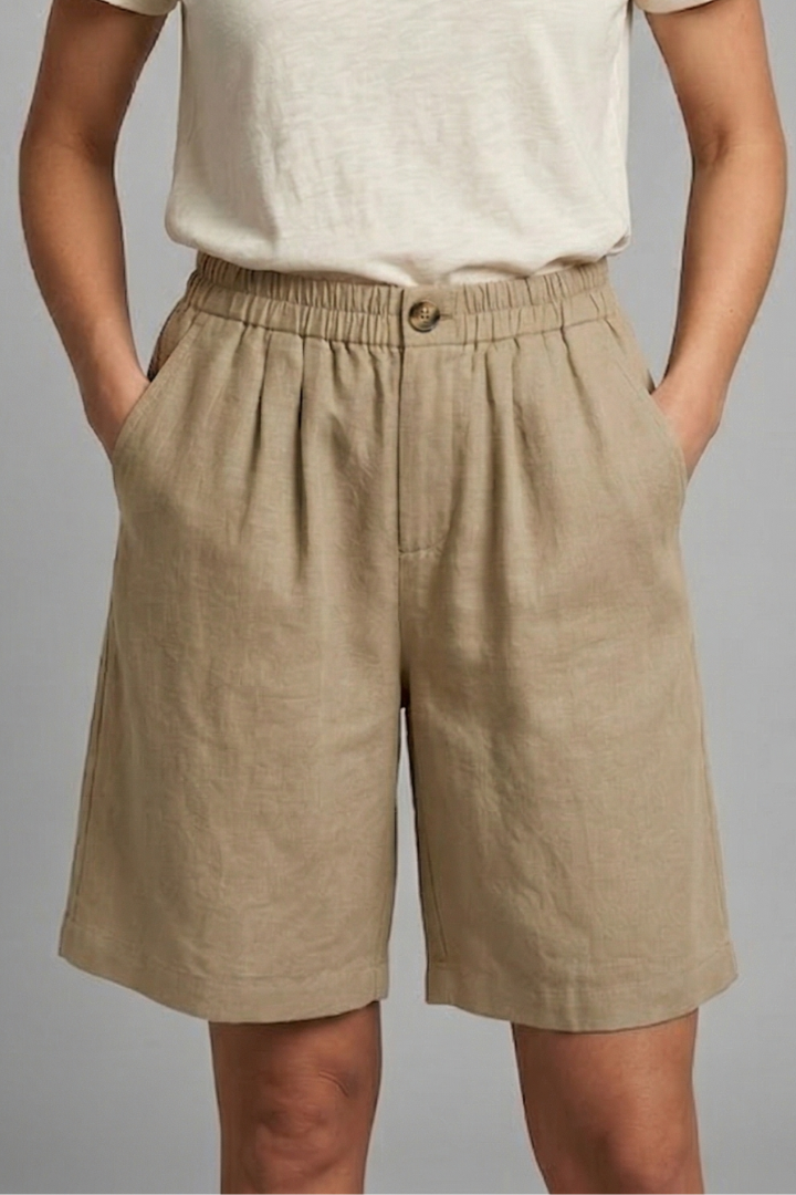 Effortless Linen Bermuda Shorts for Women with High Waist Button Front Relaxed Casual Style