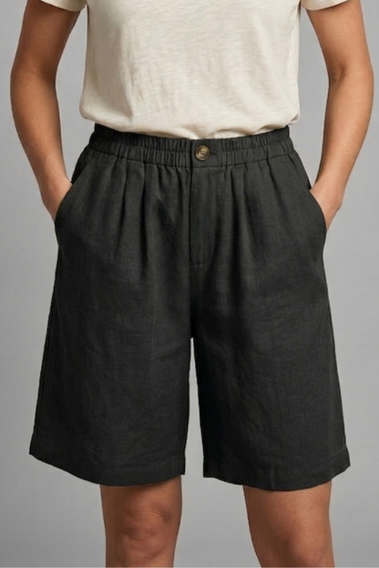 Effortless Linen Bermuda Shorts for Women with High Waist Button Front Relaxed Casual Style