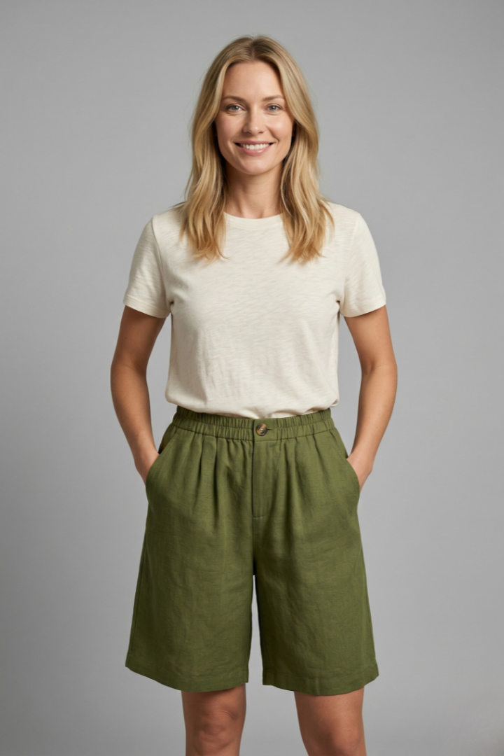 Effortless Linen Bermuda Shorts for Women with High Waist Button Front Relaxed Casual Style