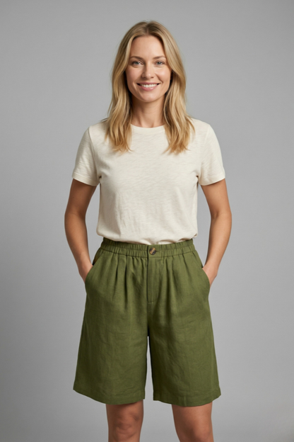 Effortless Linen Bermuda Shorts for Women with High Waist Button Front Relaxed Casual Style