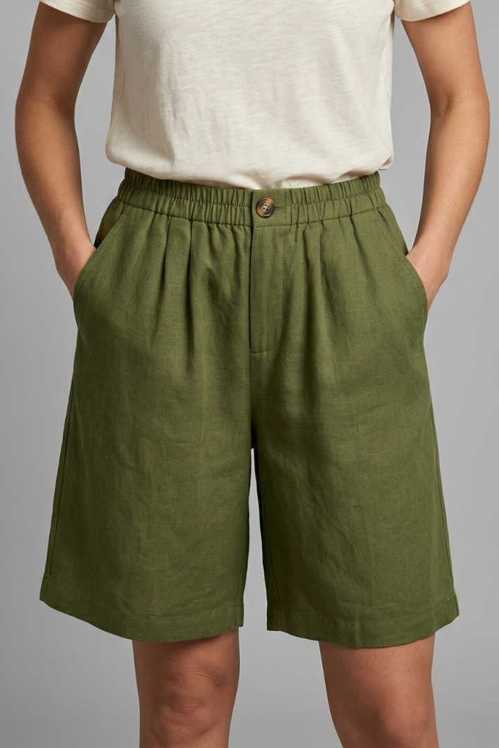 Effortless Linen Bermuda Shorts for Women with High Waist Button Front Relaxed Casual Style