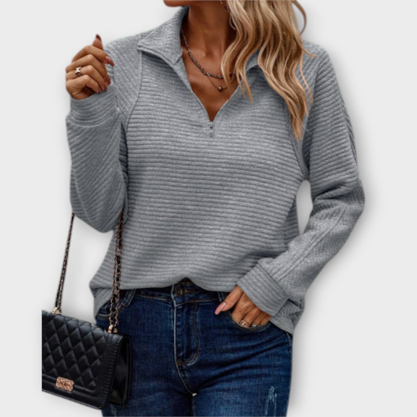Effortless Textured Knit Sweatshirt for Women with Quarter Zip Collar Long Sleeve Oversized Sweaters Style