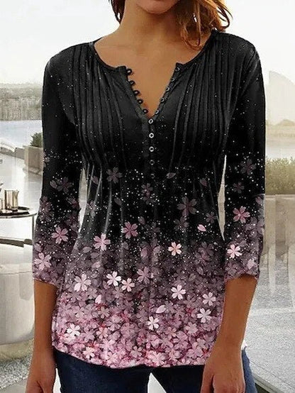 Effortless Floral Blouse for Women with Split Neck Bell Sleeve Pintuck Button Front Boho Style