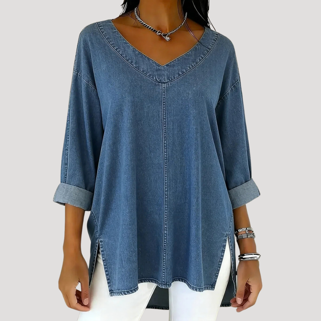 Effortless Denim Tunic Top for Women with V Neck Rolled Sleeve Side Slit Casual Style