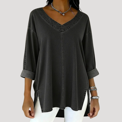Effortless Denim Tunic Top for Women with V Neck Rolled Sleeve Side Slit Casual Style