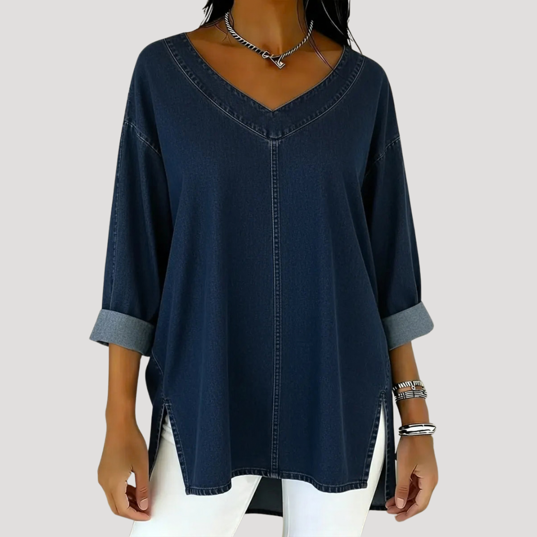 Effortless Denim Tunic Top for Women with V Neck Rolled Sleeve Side Slit Casual Style