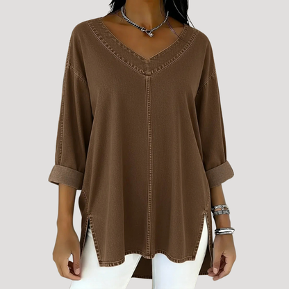Effortless Denim Tunic Top for Women with V Neck Rolled Sleeve Side Slit Casual Style