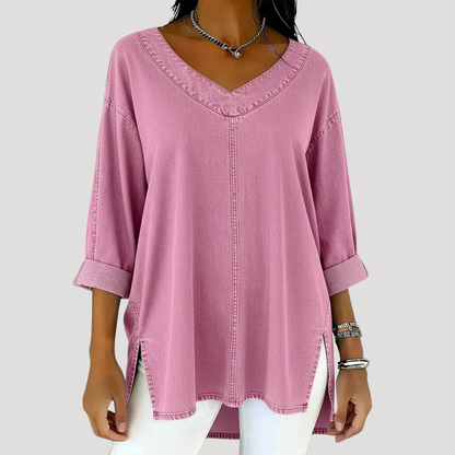 Effortless Denim Tunic Top for Women with V Neck Rolled Sleeve Side Slit Casual Style