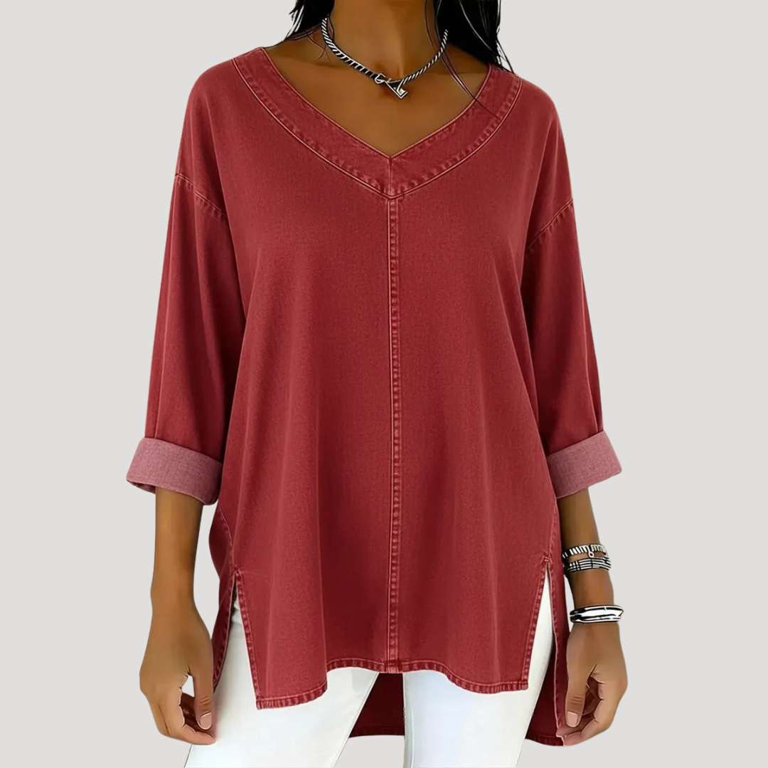 Effortless Denim Tunic Top for Women with V Neck Rolled Sleeve Side Slit Casual Style