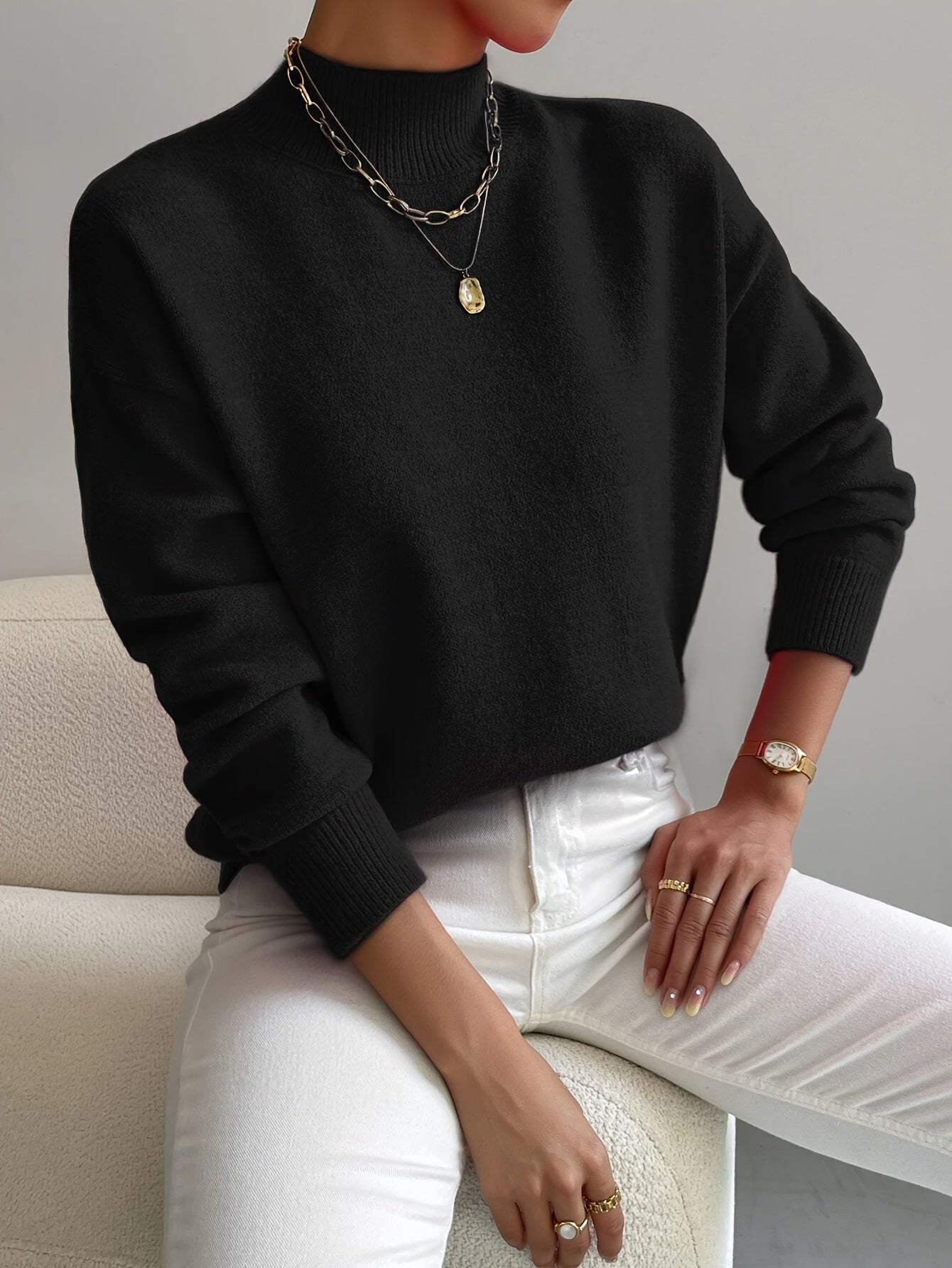 Comfortable Knit Sweater for Women with Mock Neck Long Sleeve Oversized Relaxed Style