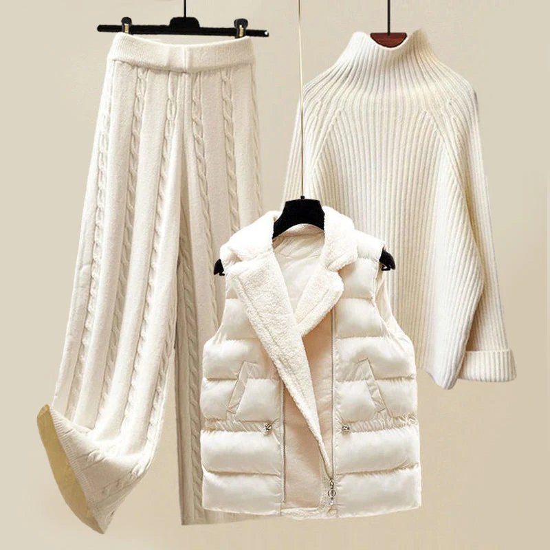 Elegant White Three Piece Set for Women with Turtleneck Sweater Sherpa Vest Wide Leg Pant Knit Style