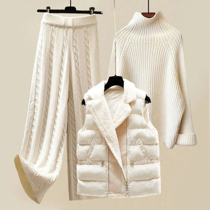 Elegant White Three Piece Set for Women with Turtleneck Sweater Sherpa Vest Wide Leg Pant Knit Style