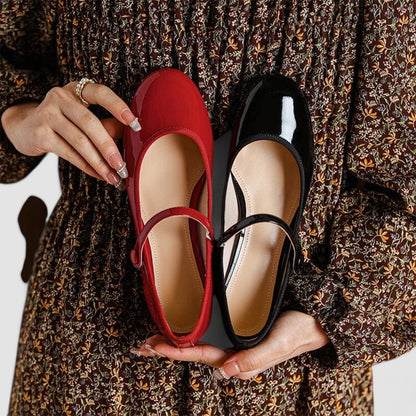 Elegant Patent Leather Mary Jane Pumps for Women with Round Toe Ankle Strap Block Heel Style