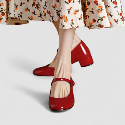 Elegant Patent Leather Mary Jane Pumps for Women with Round Toe Ankle Strap Block Heel Style