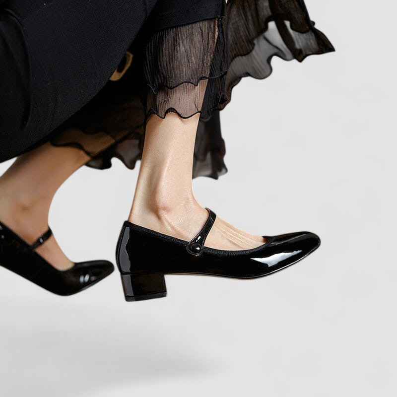 Elegant Patent Leather Mary Jane Pumps for Women with Round Toe Ankle Strap Block Heel Style