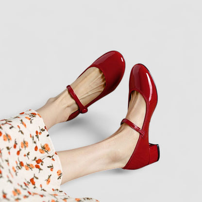 Elegant Patent Leather Mary Jane Pumps for Women with Round Toe Ankle Strap Block Heel Style