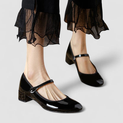 Elegant Patent Leather Mary Jane Pumps for Women with Round Toe Ankle Strap Block Heel Style