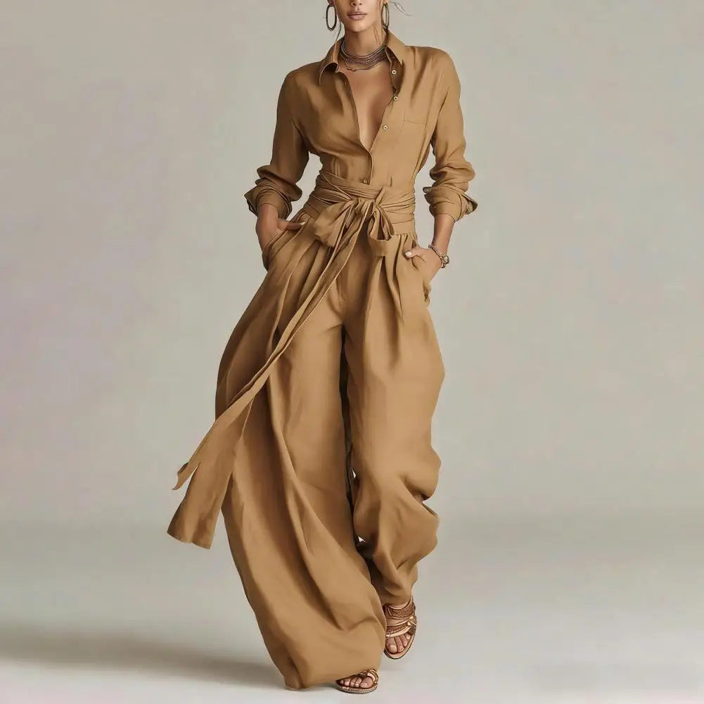 Effortless Linen Wide Leg Jumpsuit for Women with Collar Long Sleeve Button Front Tie Waist Relaxed Style