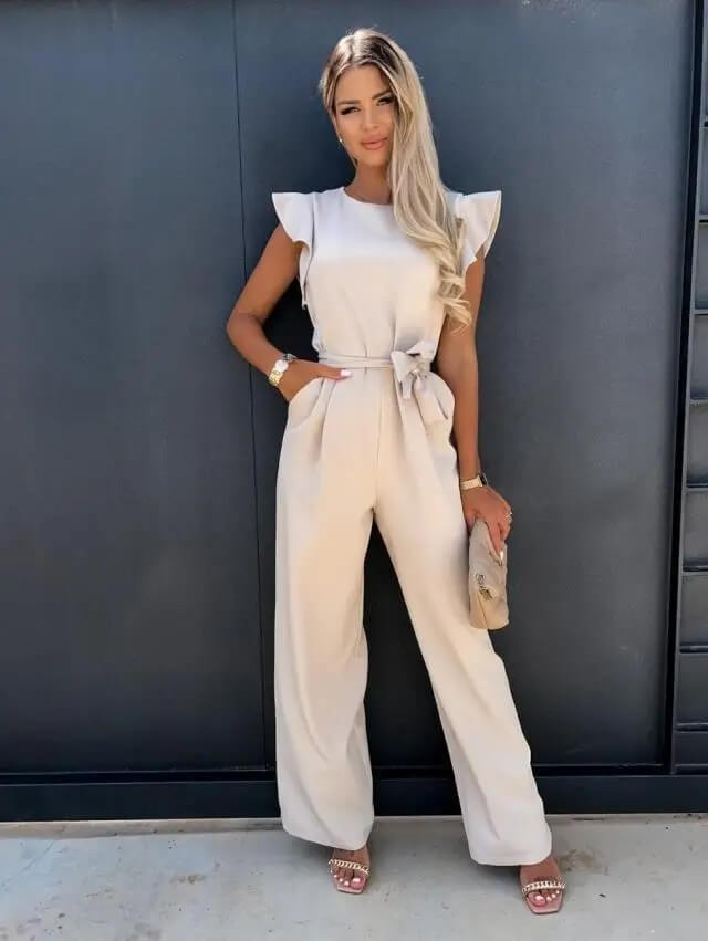 Elegant Wide Leg Jumpsuit for Women with Round Neck Ruffle Cap Sleeve Belted Flowing Style