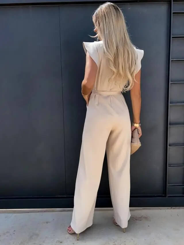 Elegant Wide Leg Jumpsuit for Women with Round Neck Ruffle Cap Sleeve Belted Flowing Style