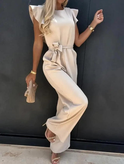 Elegant Wide Leg Jumpsuit for Women with Round Neck Ruffle Cap Sleeve Belted Flowing Style